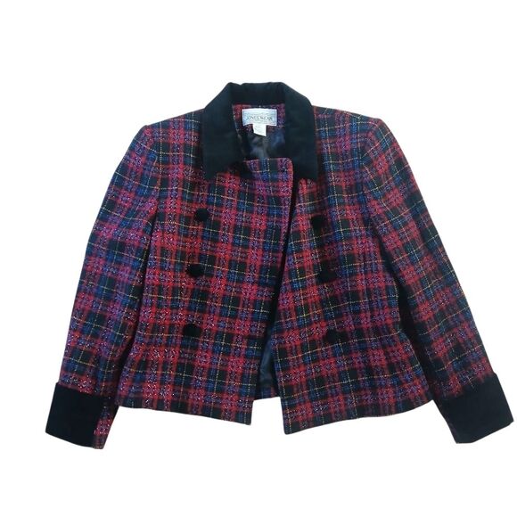 Jones New York Jackets & Blazers - Vintage 90's Jones N.Y. Plaid Double-Breasted Pea Blazer Coat Cropped Wool